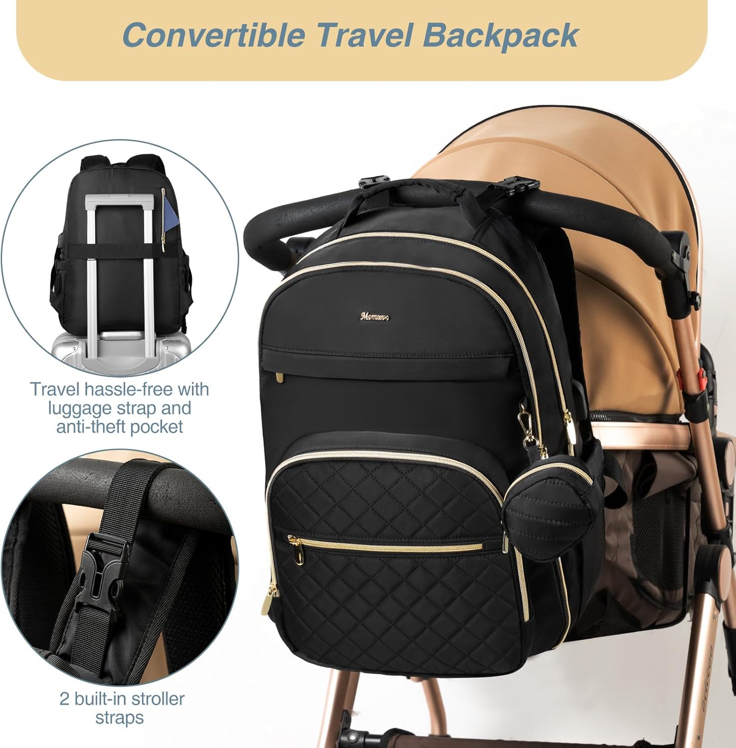 MOMUVO Diaper Bag Backpack, Quilted Baby Bag with Changing Pad and Stroller Straps and Pacifier Case, Large Travel Diaper Bags for Mom Dad,Black - Image 6