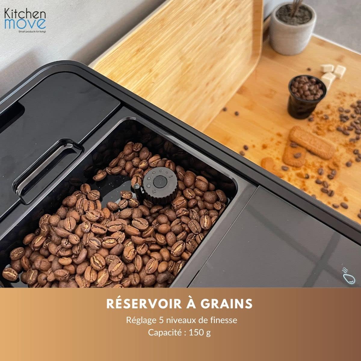 Coffee bean reservoir with grind adjustment dial