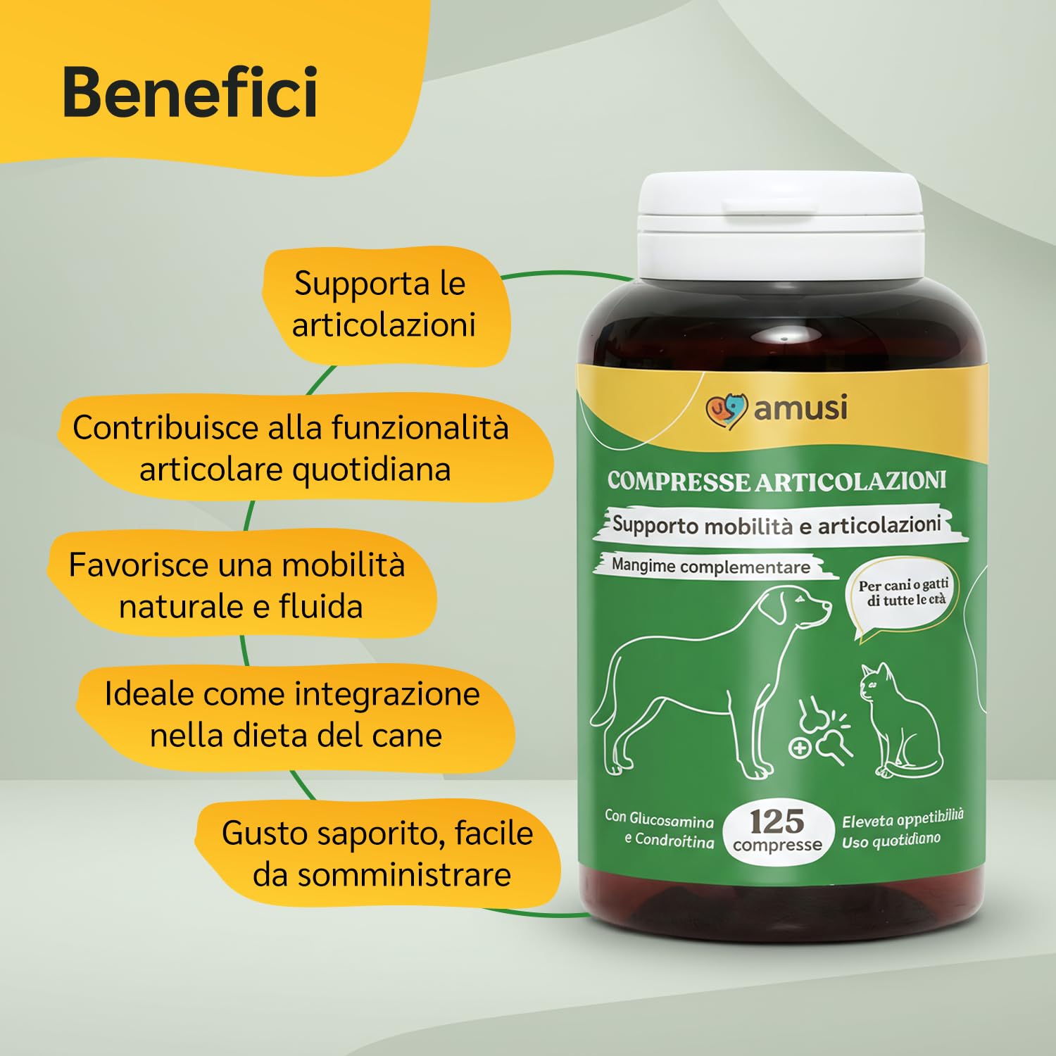 amusi Igiene Orale + Articolazioni per cani: Dentifricio in Polvere 60g con Ascophyllum e Menta per Denti e Alito + Integratore 125 Compresse con Glucosamina, Condroitina, MSM e Curcuma