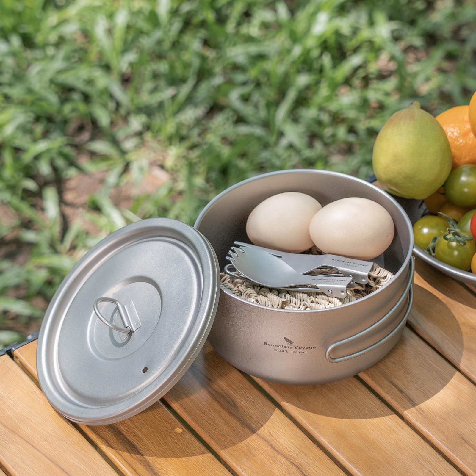 Boundless Voyage Olla de titanio con tapa y mango plegable, ligera, de 1000 ml, olla multifuncional, portátil, equipo de cocina de titanio, utensilios de cocina de viaje