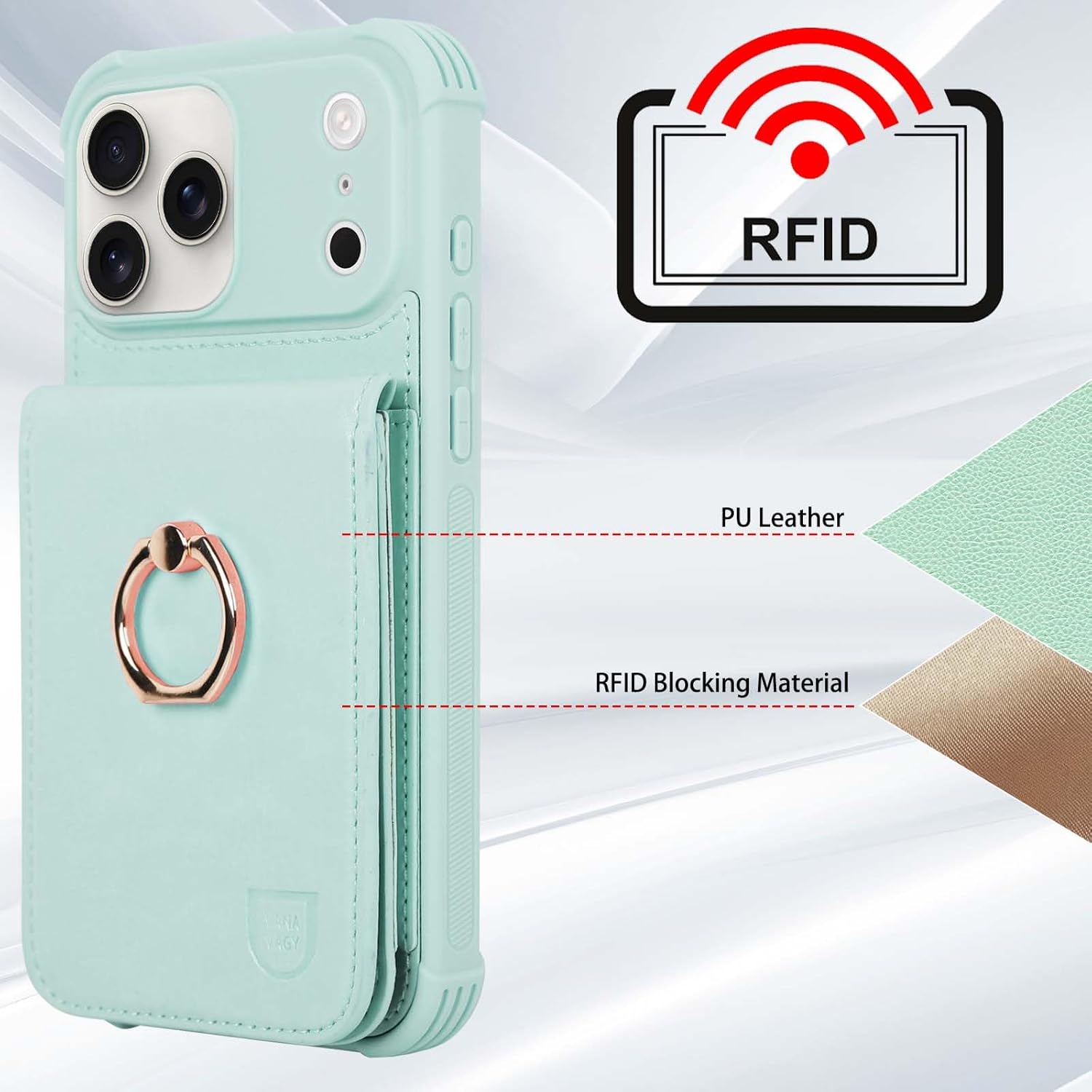 VANAVAGY Compatible for iPhone 17 Pro Wallet Case with RFID Blocking Card Holder, [Screen Protector] PU Leather Shockproof Case Magnetic Clasp Ring Kickstand Flip Phone Cover for Women Men,Light Mint - Image 8