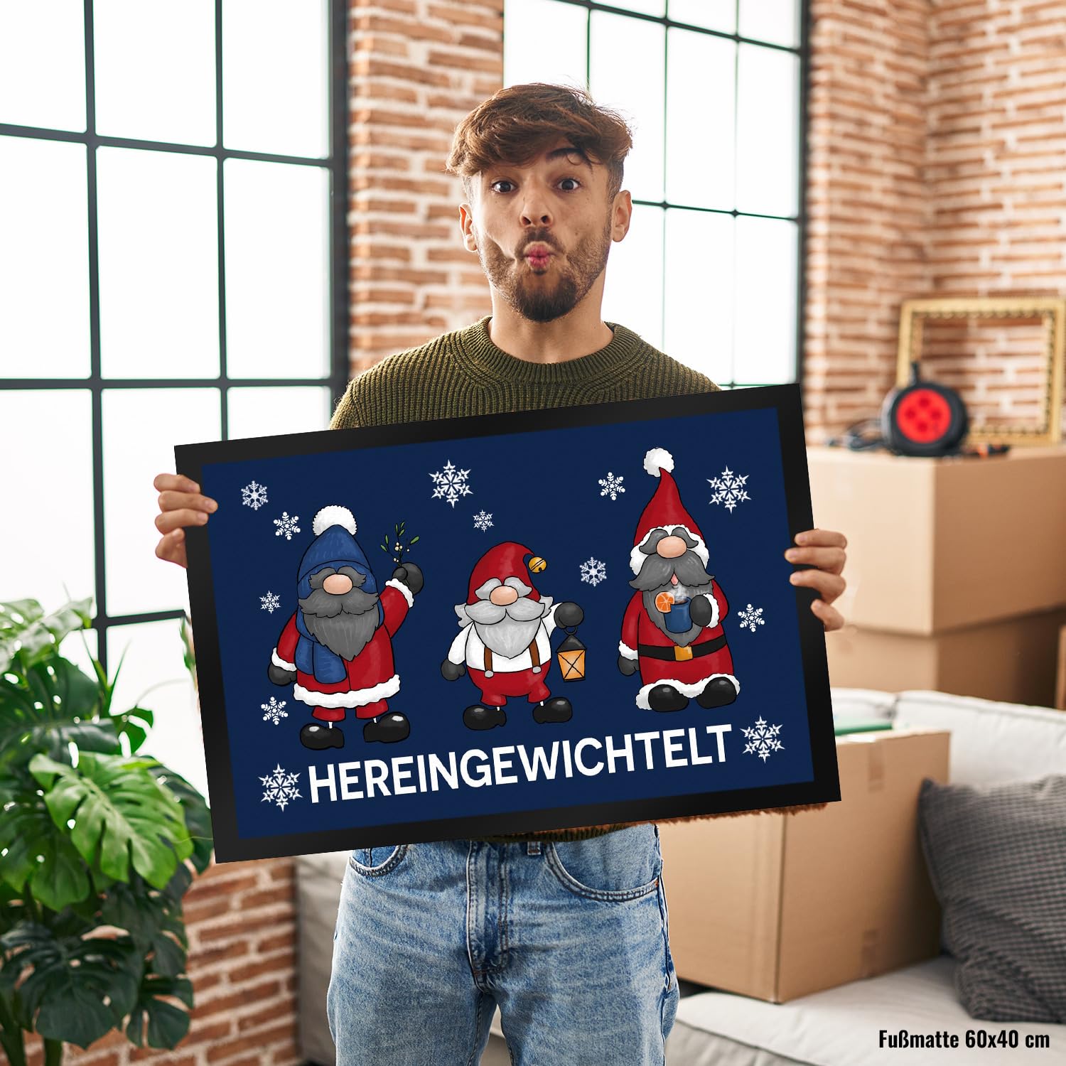 speecheese Hereingewichtelt Weihnachtswichtel Fußmatte XXL in 50x75 cm in blau als schöne Begrüßung für den Türeingang zu Weihnachten und der Winterzeit