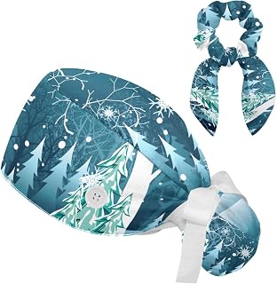 FVQL 2 Pieces Surgical Cap for Long Hair Scrub Cap with Hairband Nurse Cap, Winter Forest and Snowflake