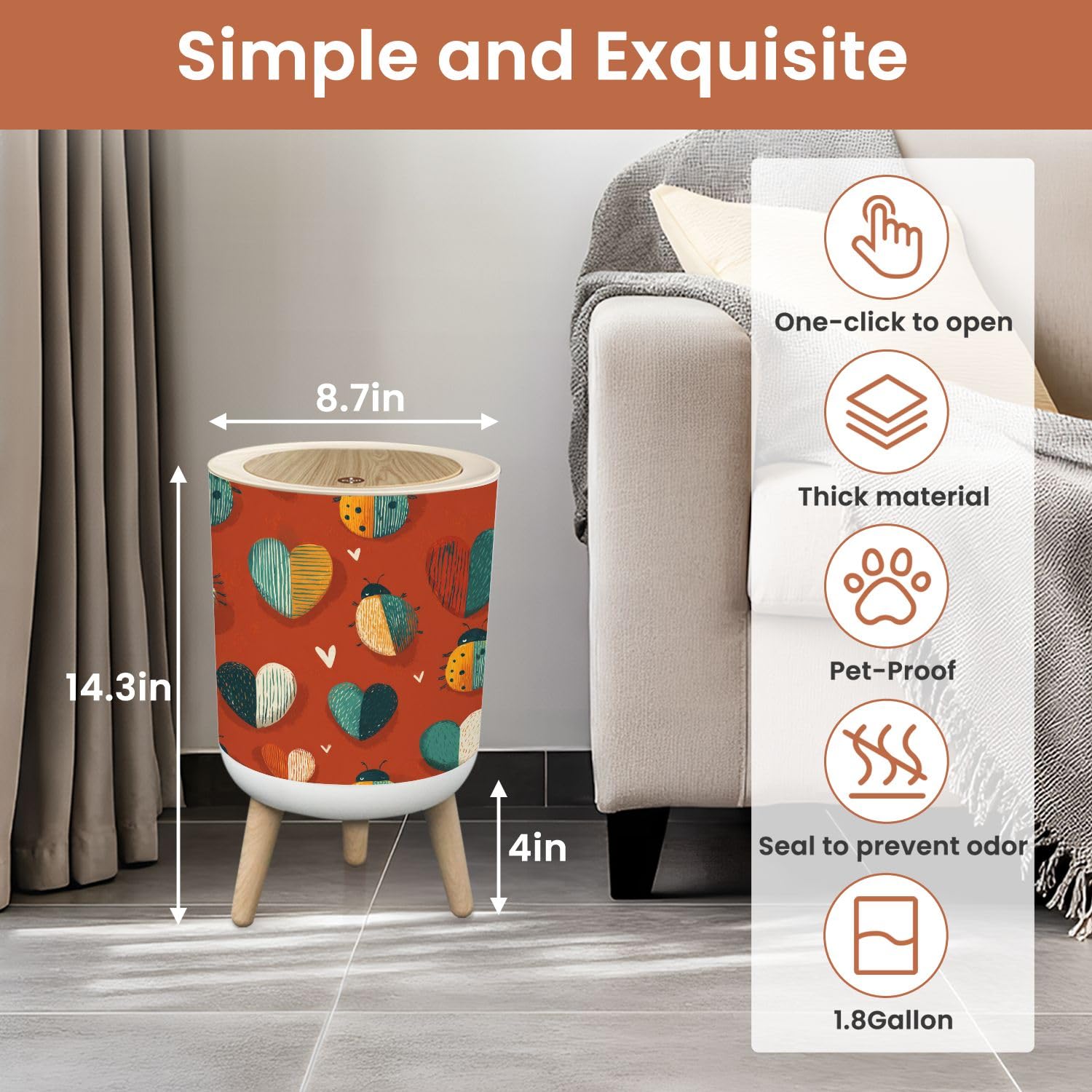 Bathroom Trash Can with Lid Cute Ladybird Motifs Funky Stripes Nursery Accent Garbage Bin Waste Basket for Kitchen Office Bedroom Decoration Diaper Pail 1.8 Gallon
