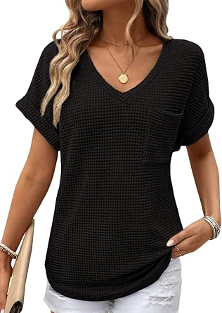 Dokotoo Womens Waffle Knit Tops 2026 Spring Summer V Neck Shirts Casual Trendy Womens Blouses Basic Tee