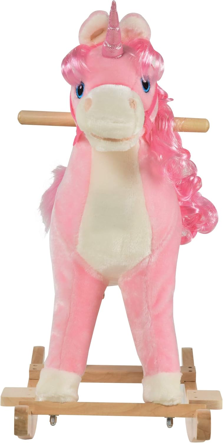 Qaba Rocking Horse, Kids Ride on Horse Unicorn Design with Wooden Base, Tail Wag & Sounds for Toddlers 3-6 Years Old, Pink