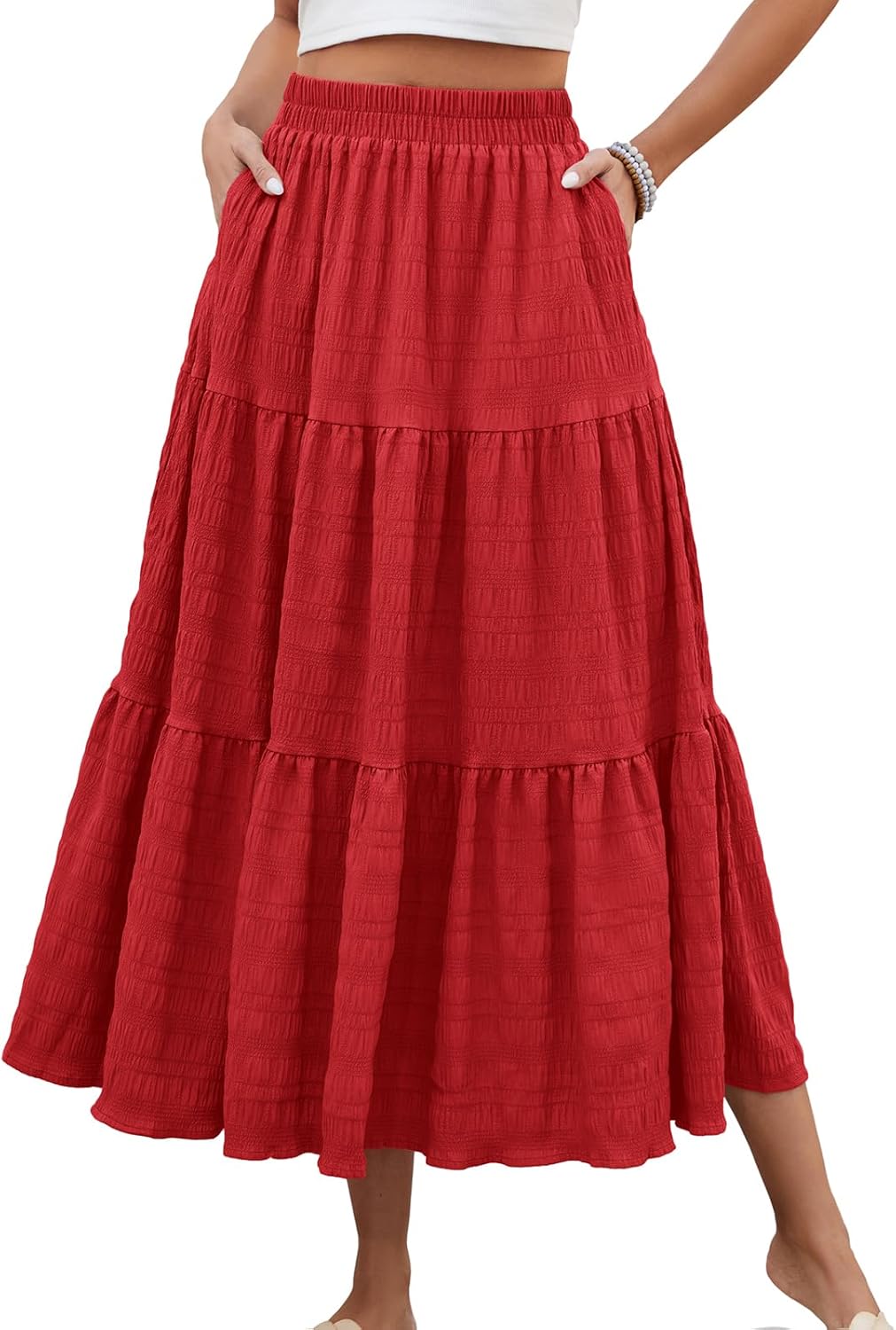 HUSKARY Women's Summer Casual Elegant Smock Layered Tiered Maxi Skirt High Waisted A Line Flowy Long Skirts with Pockets