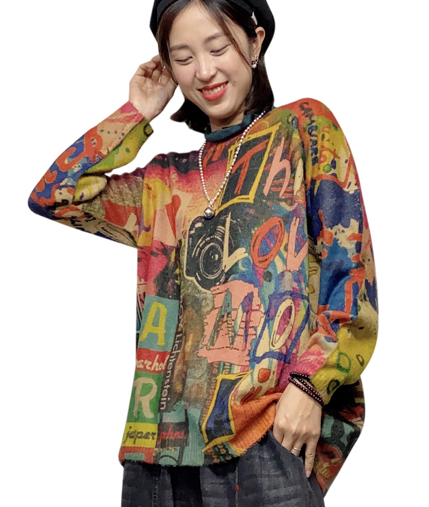 YESNO Women Christmas Sweater Graphic Printed Oversized Pullover Sweaters Casual Loose Knit Tops S01