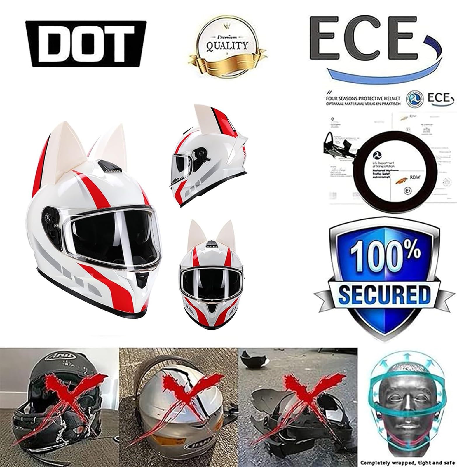 Casco De Moto Con Orejas De Gato Cascos Integrales Con Viseras Cascos De Motocross Homologados ECE Para Adultos Hombres Mujeres Cuatro Estaciones A7,S (50-53cm)
