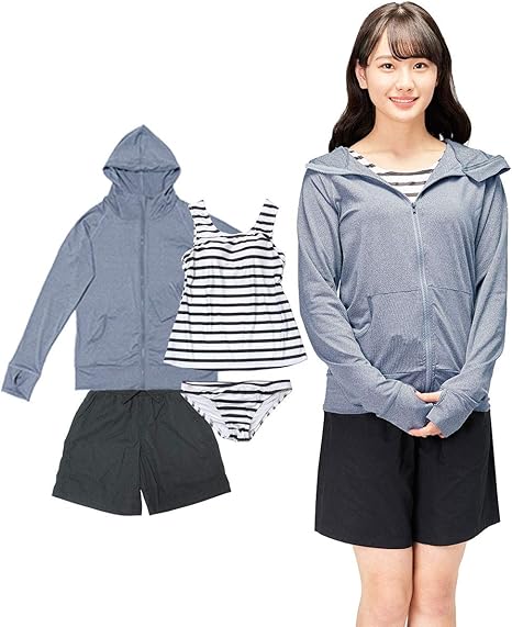 Amazon ディアコロン ラッシュガード レディース セット 4点セット 水着 体型カバー 長袖 タンキニ スポーツウェア 大きいサイズ Rs001set A杢ネイビー ブラック M タンキニ 通販