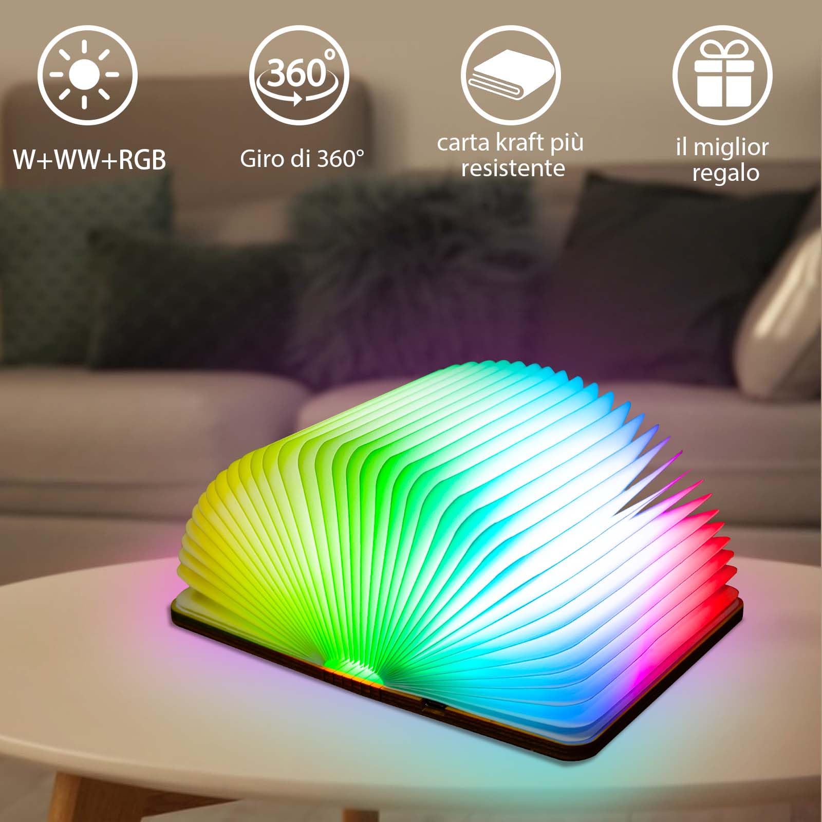 TRUMPETS Lampada Libro Led Pieghevole in Legno Mood Lights, Luci notturne 2500mAh Ricarica USB-C, Idea Regalo Originale Compleanno e Natale (12cm | RGB)