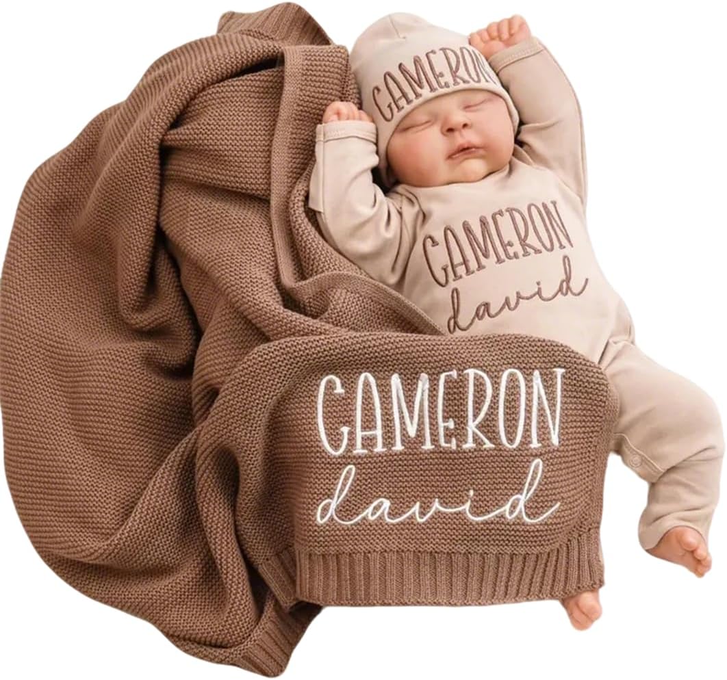 Personalized Baby Outfit Set with Cotton Knit Blanket,Custom Embroidered Name Matching Bodysuit and Hat,Newborn Gift Set