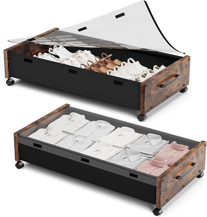 Wooden Under Bed Storage with Wheels, Rolling Under the Bed Storage Bins with Removable Lid, Metal Under Bed Drawers for Clothes and Shoes in Bedroom or Living Room(Vintage Brown-2pack)
