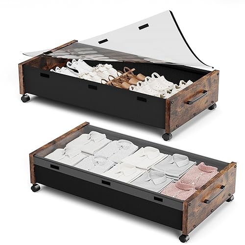 KITHELP Wooden Under Bed Storage with Wheels, Rolling Under the