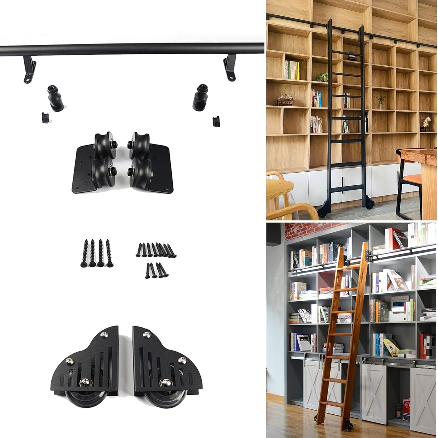 Rolling Ladder Hardware Library Sliding Ladder Rail Hardware Kit,Sliding Barn Door Hardware Kit Sliding Rail Track Rolling Ladder Rail for Library Ladder Closet Set/Black,Black 16Ft/500Cm Track Kit