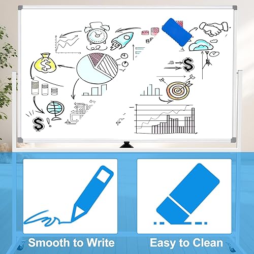 Miniatura 8 de Pizarra blanca móvil sobre ruedas de 60 x 40 pulgadas, pizarra blanca grande de doble cara con soporte, pizarra blanca magnética con soporte,