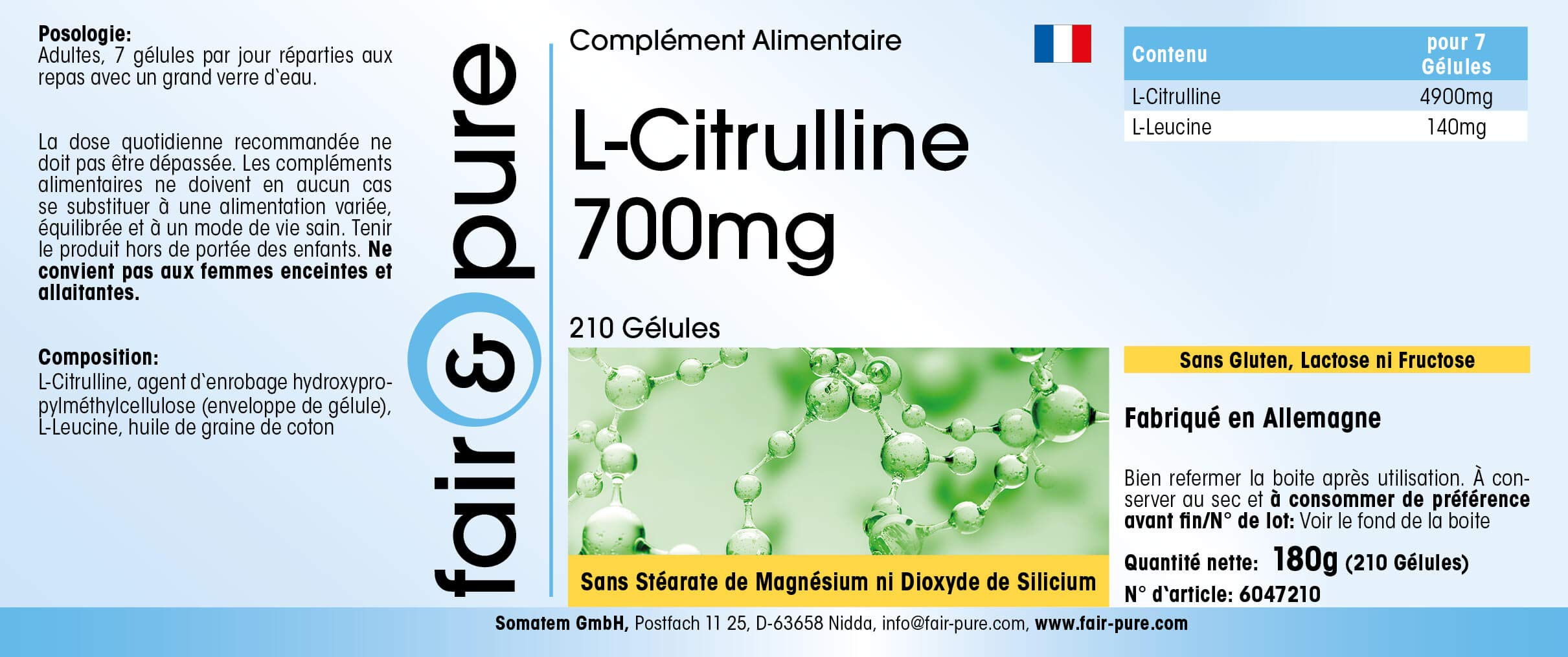 Fair & Pure® - L-Citrulline 700mg - végan - 210 gélules