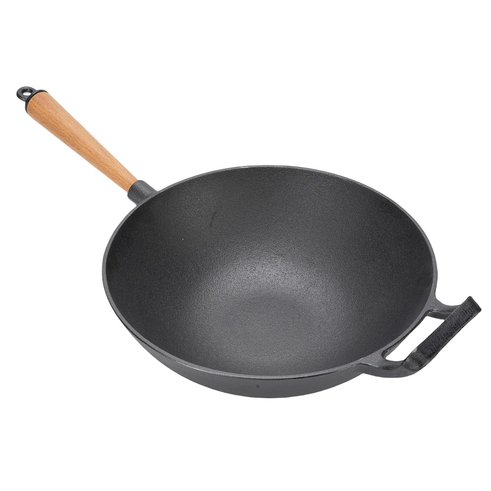 Wok żeliwny, 11,8-calowy Drewniany Uchwyt z Płaskim Dnem, Patelnia do Smażenia, Chińska Patelnia Wok z Drewnianym Uchwytem do Indukcyjnej, Elektrycznej Płyty Gazowej z Otwartym Ogniem