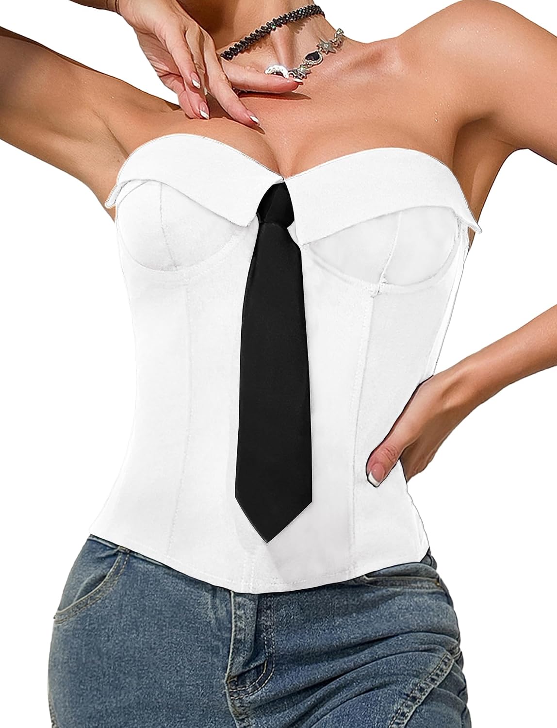 SEAUR Women’s Strapless Corset Top Tummy Control Corp Top Slim Boned Corset Outfit with Tie Going Out Party Bustier Top