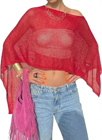 Y2K Sheer Knit Poncho Tops for Women Lightweight Summer Beach Shrug Shawl Bolero Off Shoulder Mesh Sweater Cover Up