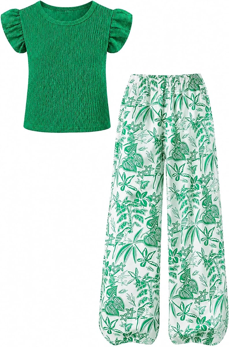 Yoxindax Conjunto de traje para niñas preadolescentes, manga con volantes, top fruncido, estampado floral, pantalones de pierna ancha, ropa informal de verano de 7 a 14 años