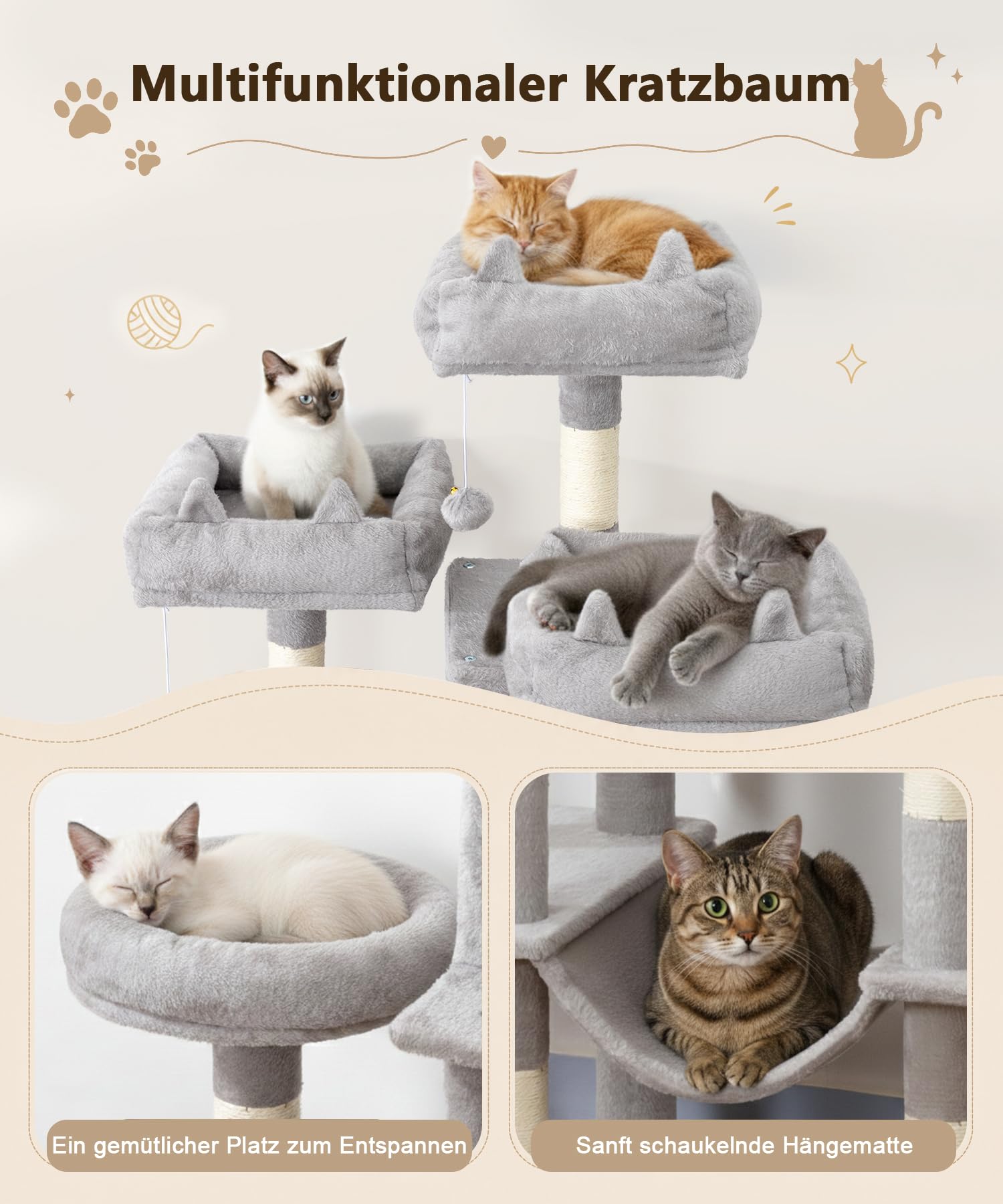 Tiragraffi alto 181 cm, per gatti da appartamento | Tiragraffi grande, XL, a più piani, con 2 comode grotte, 3 piattaforme, amaca, tiragraffi in sisal