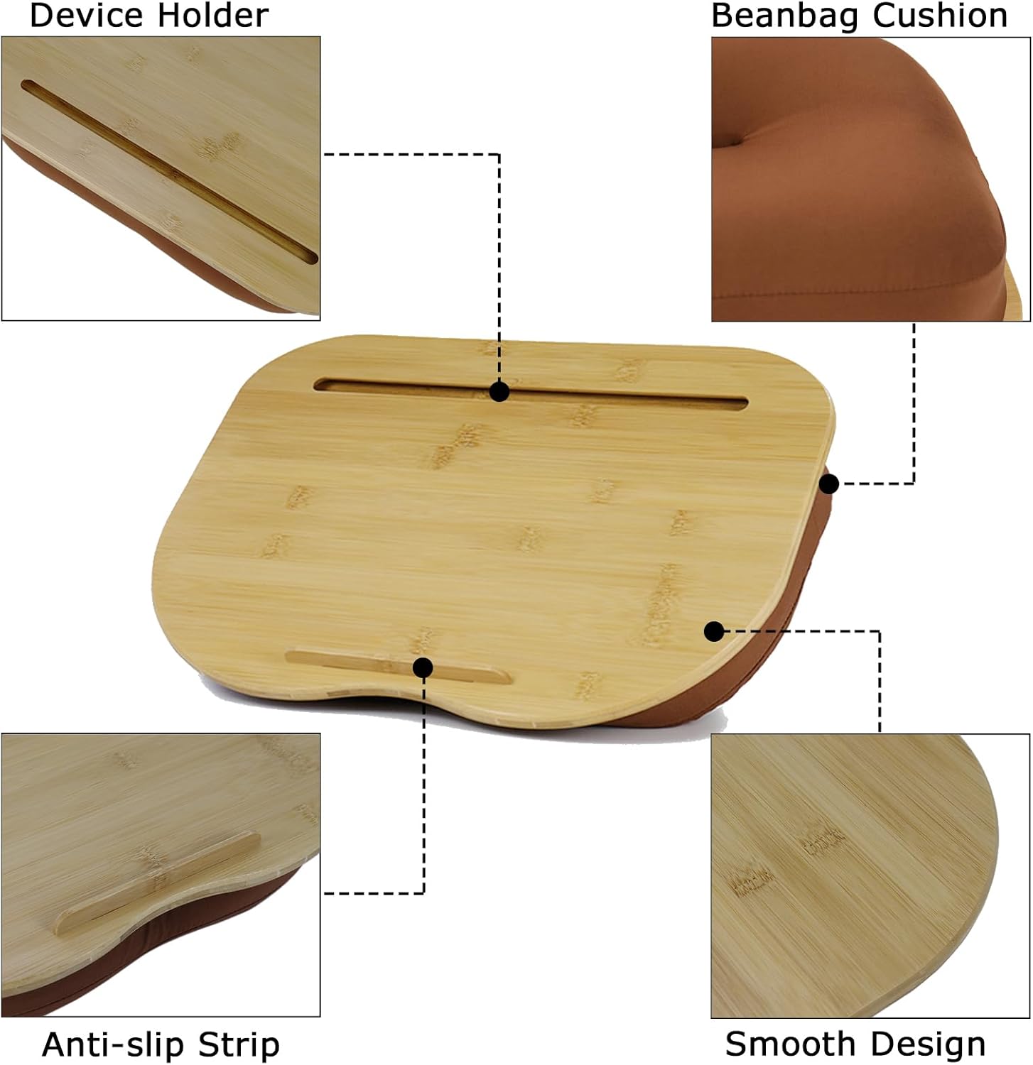 SUMISKY Bamboo Lap Desk for Laptop with Cushion, Portable Laptop Stand with Phone Hoder & Anti-Slip Stopper-Fits up to 15 inch for Home Office Students Use