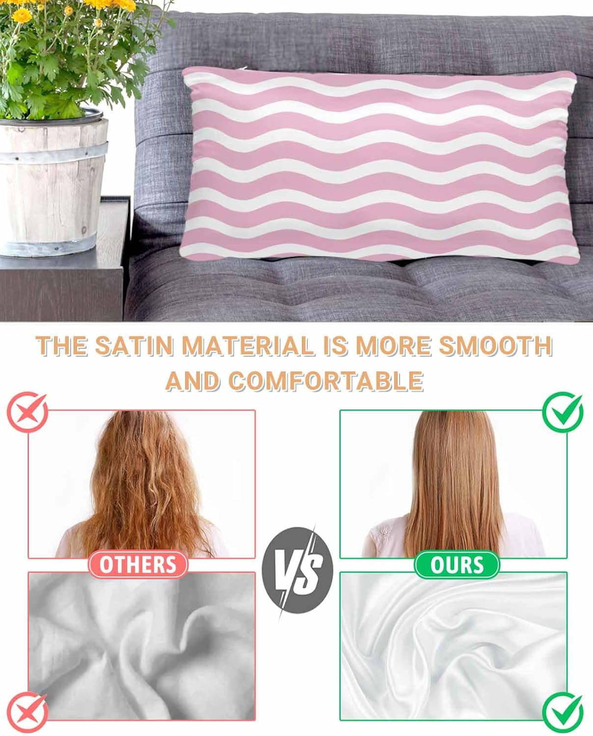 Ocean King Pillow Cases, Pink Water Ripple Striped Satin Pillow Case Cover with Smooth Hidden Zipper Closure, Soft Throw Pillow Covers Cases for Couch Sofa Home Decoration 20 X 40 Inches