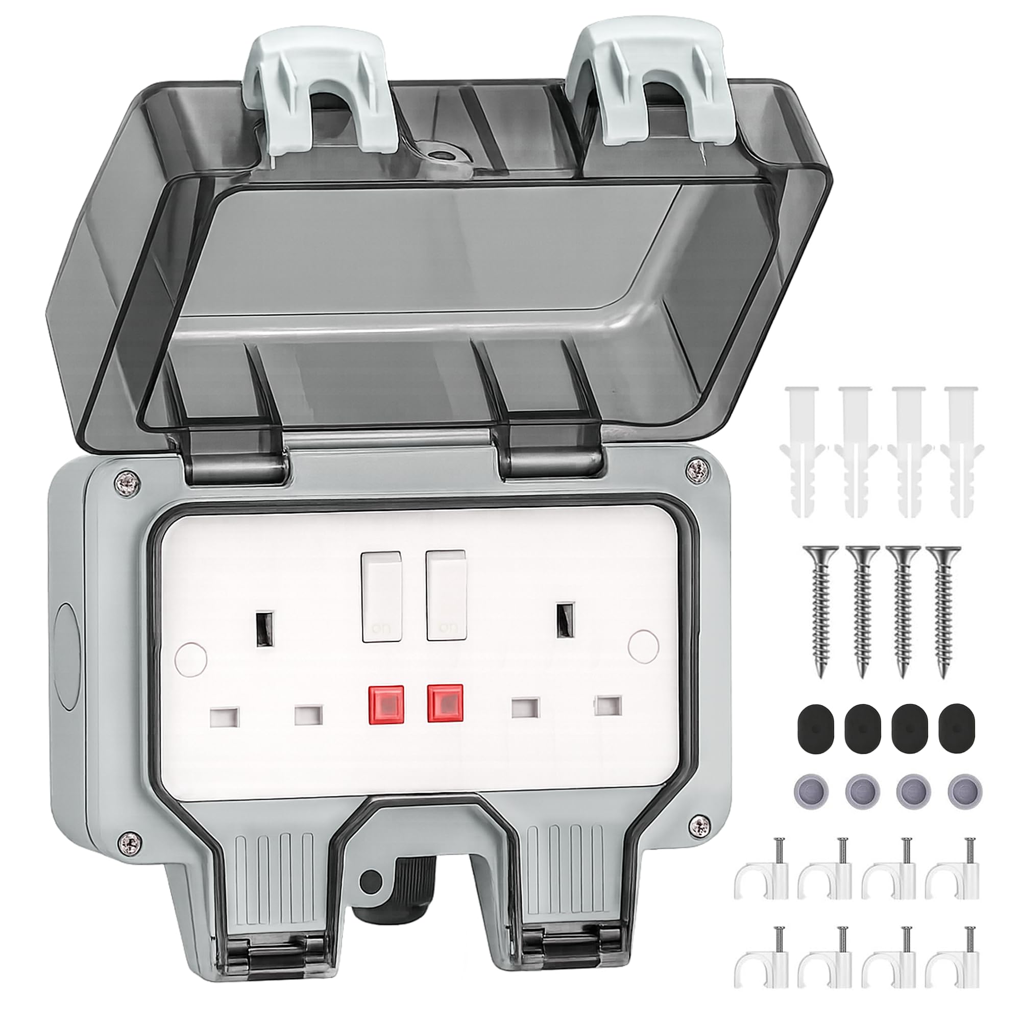 Desiretech Outdoor Double Switched Socket – IP66 Waterproof & Dustproof Socket – 2 Gang Plug with LED Indicators – High Impact PC Housing – Weatherproof Power Outlet for Sheds & Garages