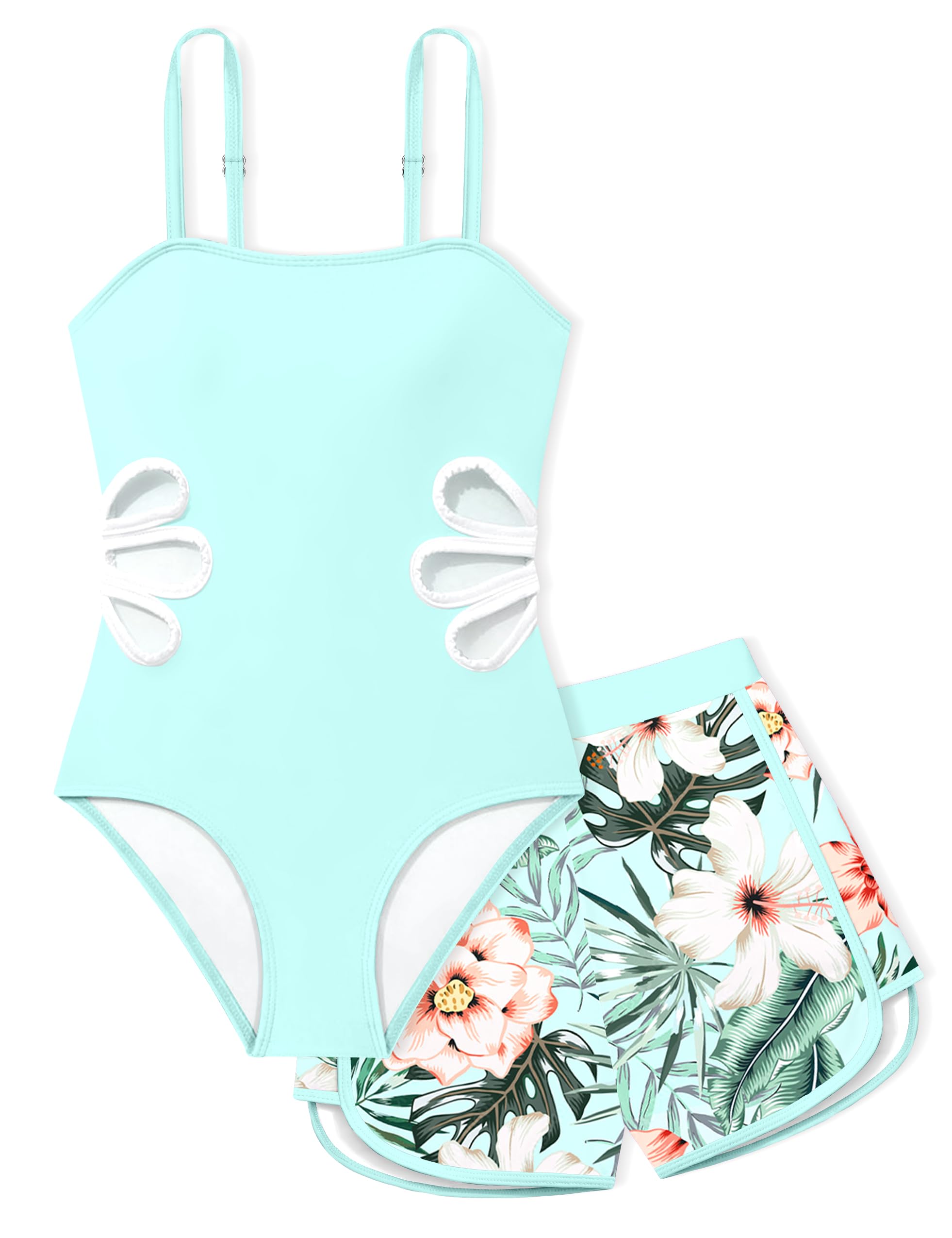 Girls Swimsuit Adjustable Straps Cut Out One Piece Bathing Suit with Solid Color Cover Up Skirt Girls' Swimwear 5-16Y