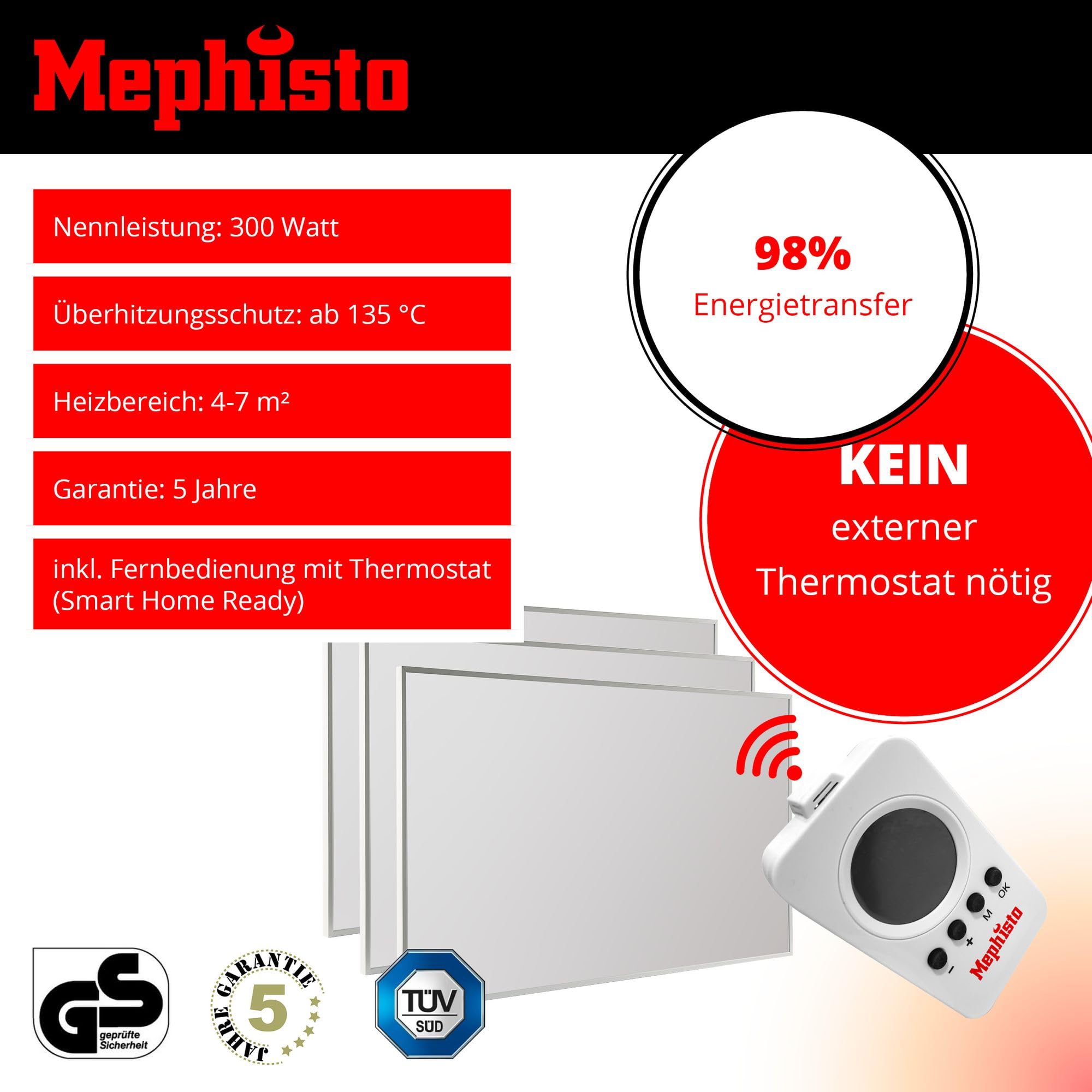 Mephisto Calefacción por infrarrojos, calefacción de pared y techo, ahorro de energía, calefacción eléctrica, incluye control remoto y termostato, control de aplicaciones Wi-Fi 300-1200 W, potencia en