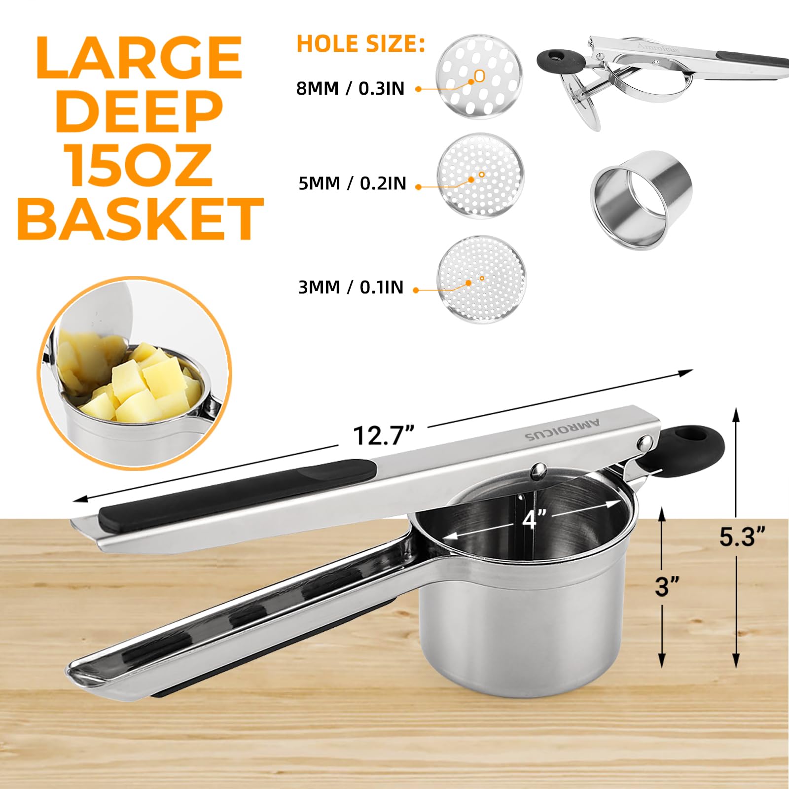 Schiacciapatate 15oz con pelapatate e spazzola, robusto schiacciapatate in acciaio inox con 3 dischi intercambiabili, grande schiacciapatate, utensile da cucina per purè di patate, macchina per pasta