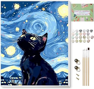 Ninonly Paint by Numbers Kit for Adults Framed Canvas, Black Cat Starry Night Paint by Number Arts Crafts Kits for Adults Beginners, Brushes, Acrylic Painting, 9 * 12 Inch