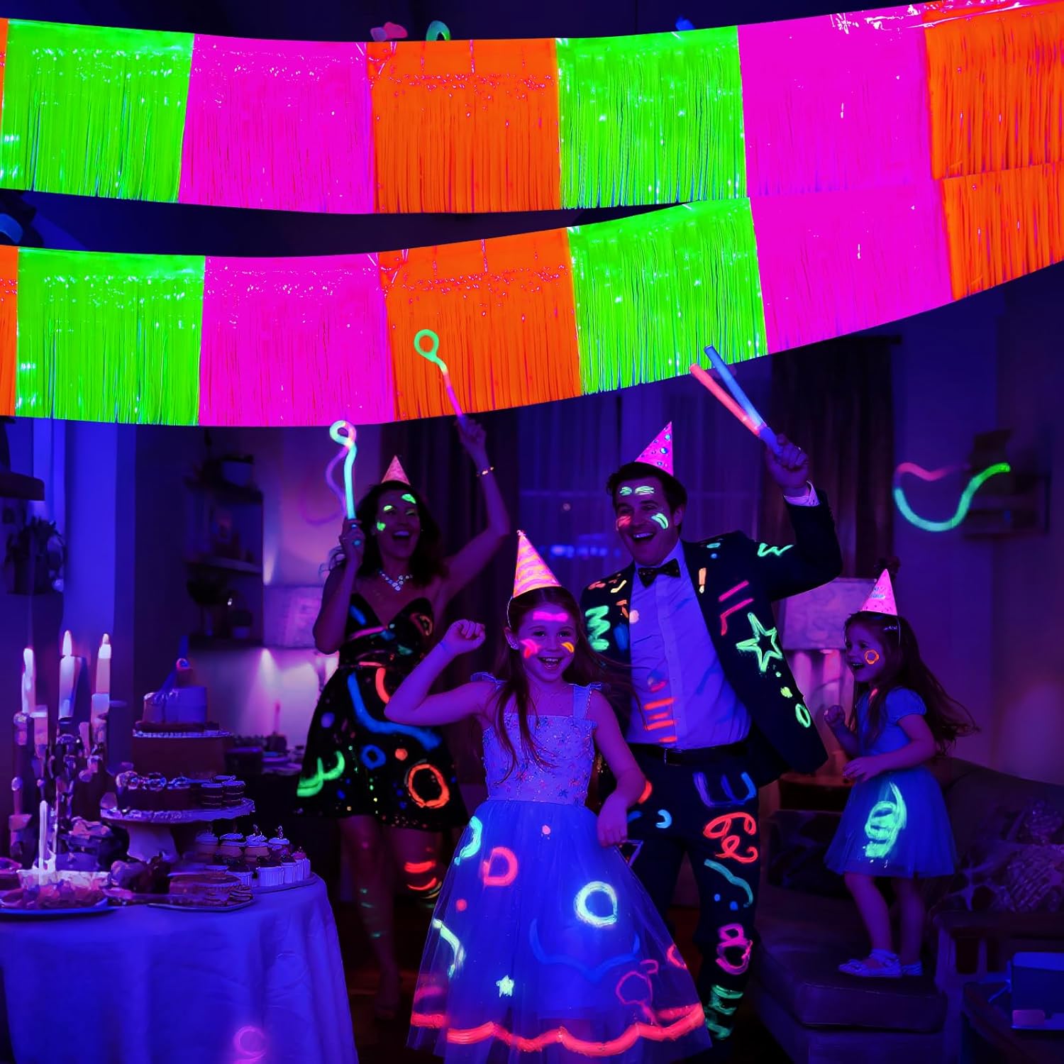 Mega-L Glow in The Dark Party Supplies, 4 Pack Foil Fringe Garland Birthday Party Decorations 9.8 ft Fluorescent Macaron Orange, Yellow and Fuchsia Metallic Tinsel Banner, Photo Booth Prop Table Skirt