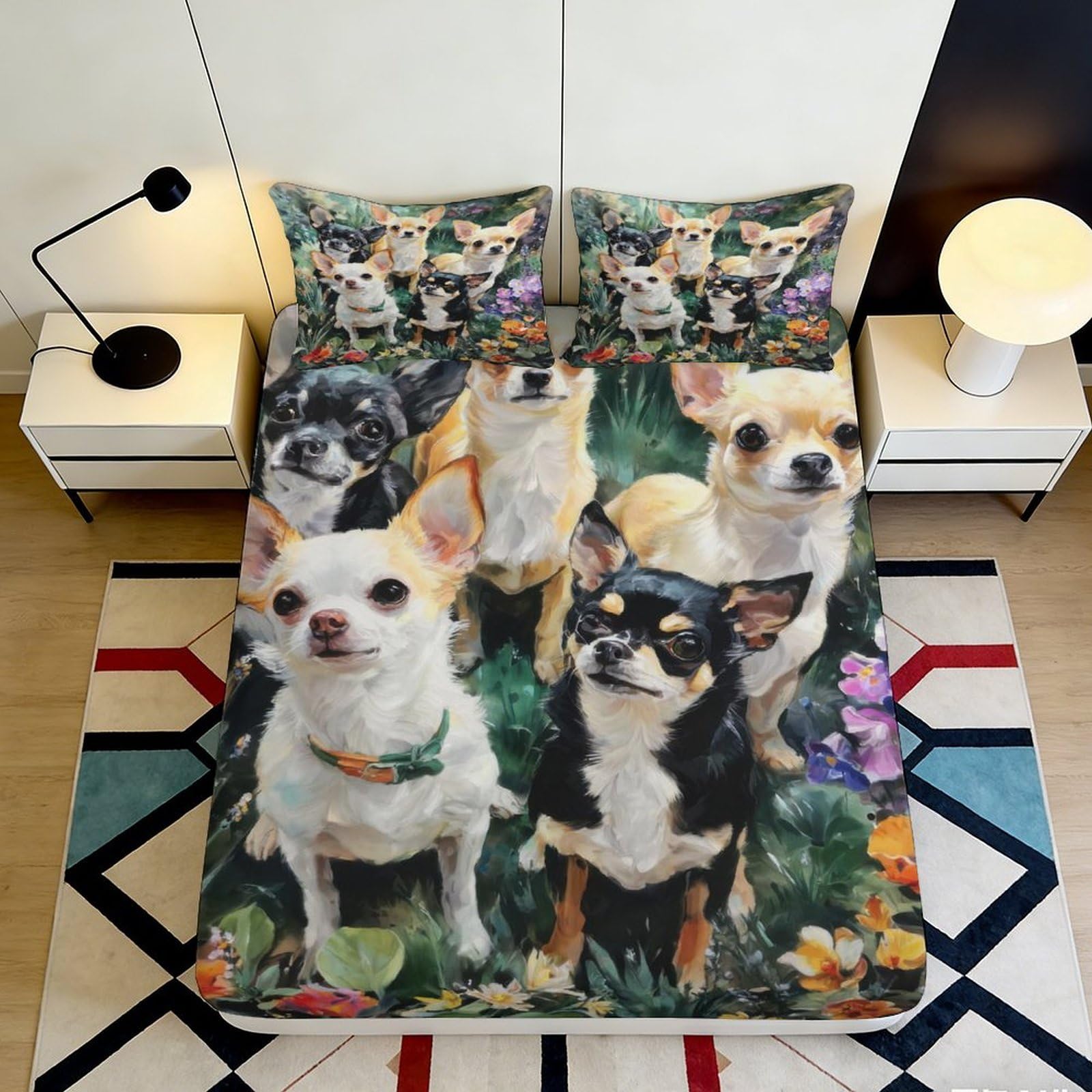 3D Printed Cute Chihuahua Fitted Sheet Microfiber Soft Dog Pattern Bed Cover for Bedroom Dorm Mattress Decor 90x200x25cm