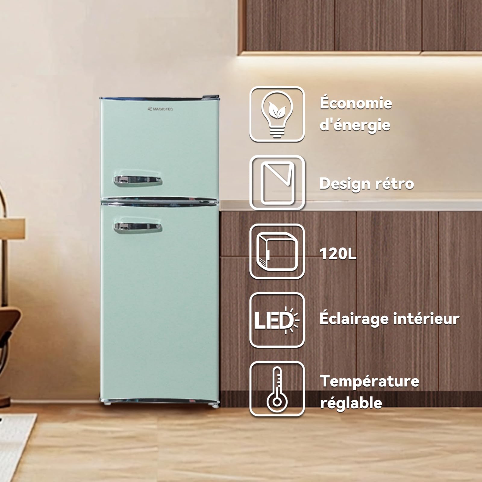 Magictec Frigo vintage rétro réfrigérateur congélateur 120 L (88 L/32 L) Low Frost Combiné Design vert matcha Éclairage LED