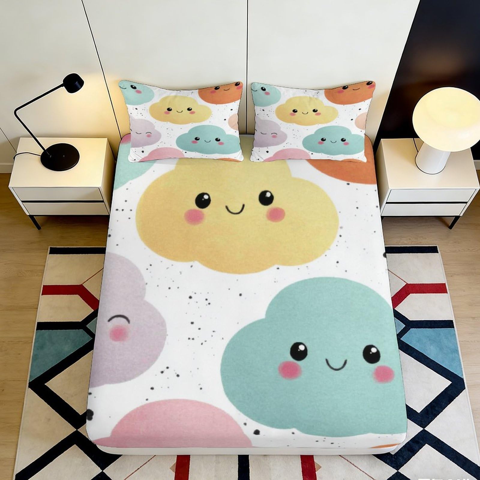 3D Printed Cute Clouds Fitted Sheet Microfiber Soft Breathable Colorful Smiley Bed Cover for Bedroom Dormitory Guest Room Mattress Protection Decor 140x200x25cm
