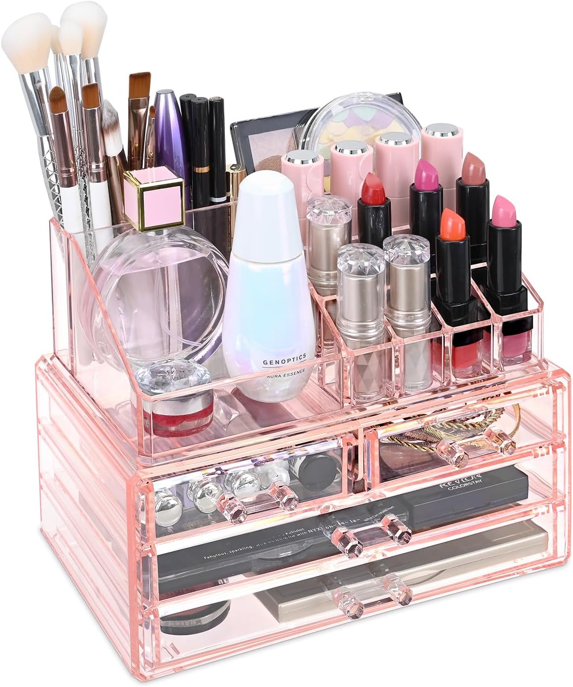 Ikee Design Pink Jewelry & Cosmetic Storage Display Boxes Two Pieces Set, Pink Cosmetic Jewelry Organizer Makeup Holder, Organizer for Vanity