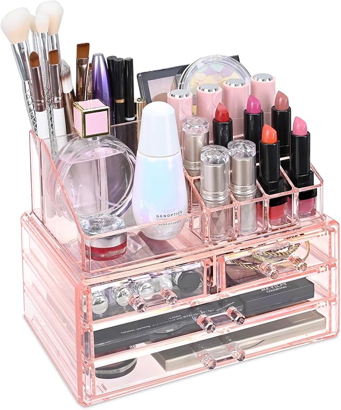 Ikee Design Organizador de Cosméticos e Joias em Acrílico Rosa com 4 Gavetas e 12 Compartimentos para Batons