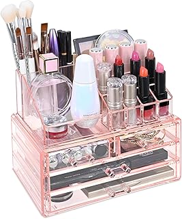 Ikee Design Pink Jewelry & Cosmetic Storage Display Boxes Two Pieces Set, Pink Cosmetic Jewelry Organizer Makeup Holder, O...