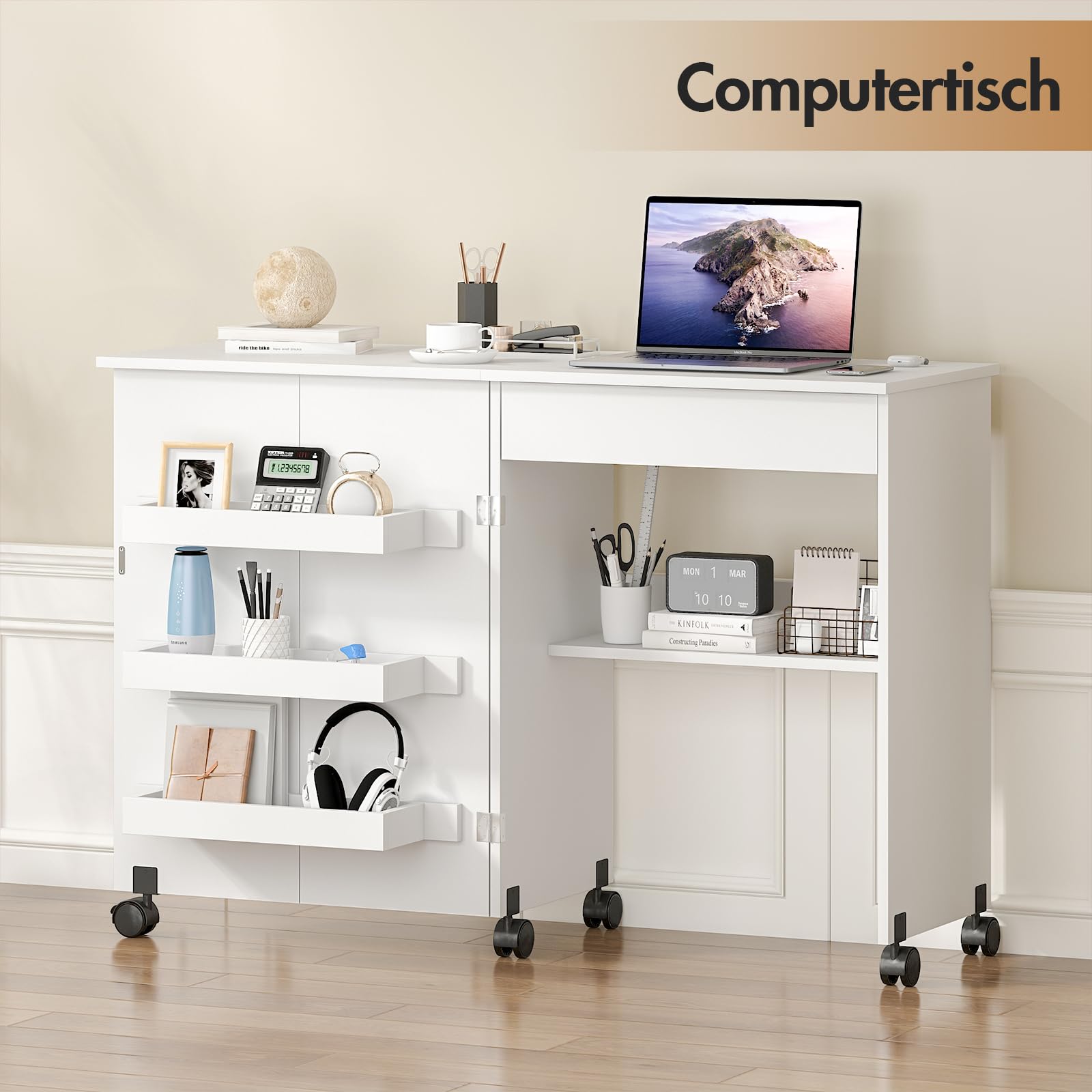 Nähtisch Klappbar & 2-in-1 Nähmaschinentisch – Mobiler Nähmaschinenschrank mit Rollen, 4 Ablagefächern & Schublade – Multifunktionaler Basteltisch & Schreibtisch für Wohnzimmer & Arbeitszimmer