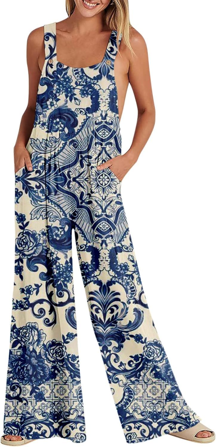 GenericAmaonz Womens Summer Sleeveless Tank Jumpsuits High Waist Low Cut Casual Scoop Neck Rompers Printed 2023 Fashion Overall