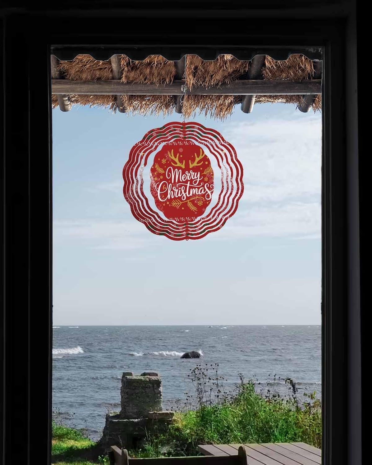 Christmas Floral Leaf Wind Spinner 3D Stainless Steel, 12 Inch Double Sided Circle Hanging Wind Spinners, Merry Christmas Snowflakes Red Garden Art Wind Sculpture for Yard Porch Front Door