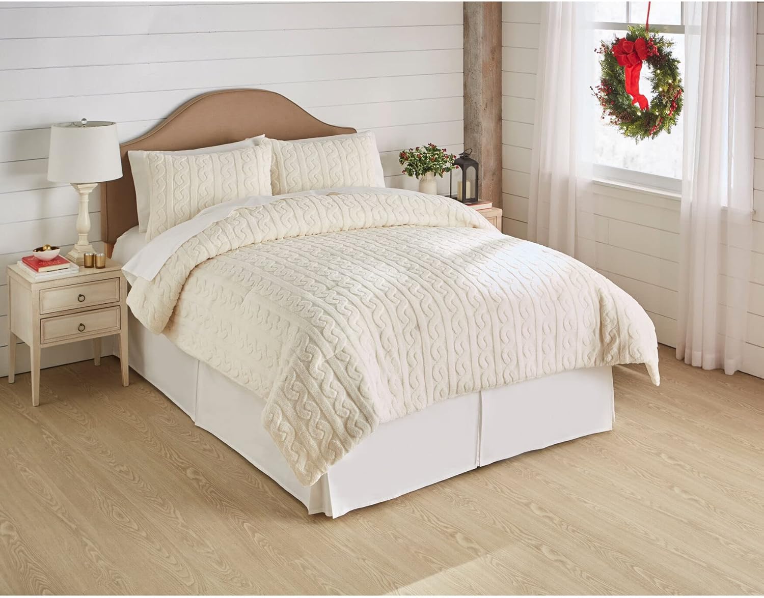 BrylaneHome Jacquard Sherpa Comforter Queen, Ivory Beige