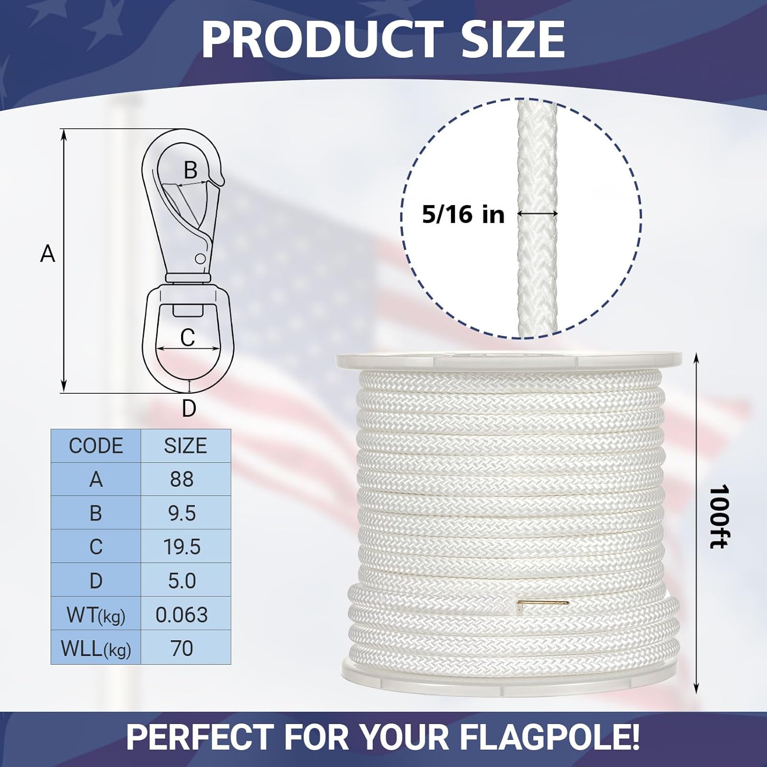 SATINIOR 5/16 Inch 100ft Flagpole Rope Kit with 4 Pcs Swivel Snap Hook High Weight Bearing, UV and Abrasion Resistance Replacement Polyester Rope Metal Clips for Flag, Boat Ropes