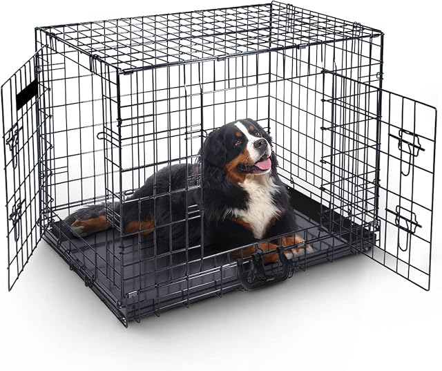 42in Dog Cage Crate  Pet Black Metal Folding Cage with 2 Doors (Front & Side) with Chew Resistant Plastic Base Tray and Carrier Handle  Heavy Duty Box Perfect for Puppy Training (Extra Large)