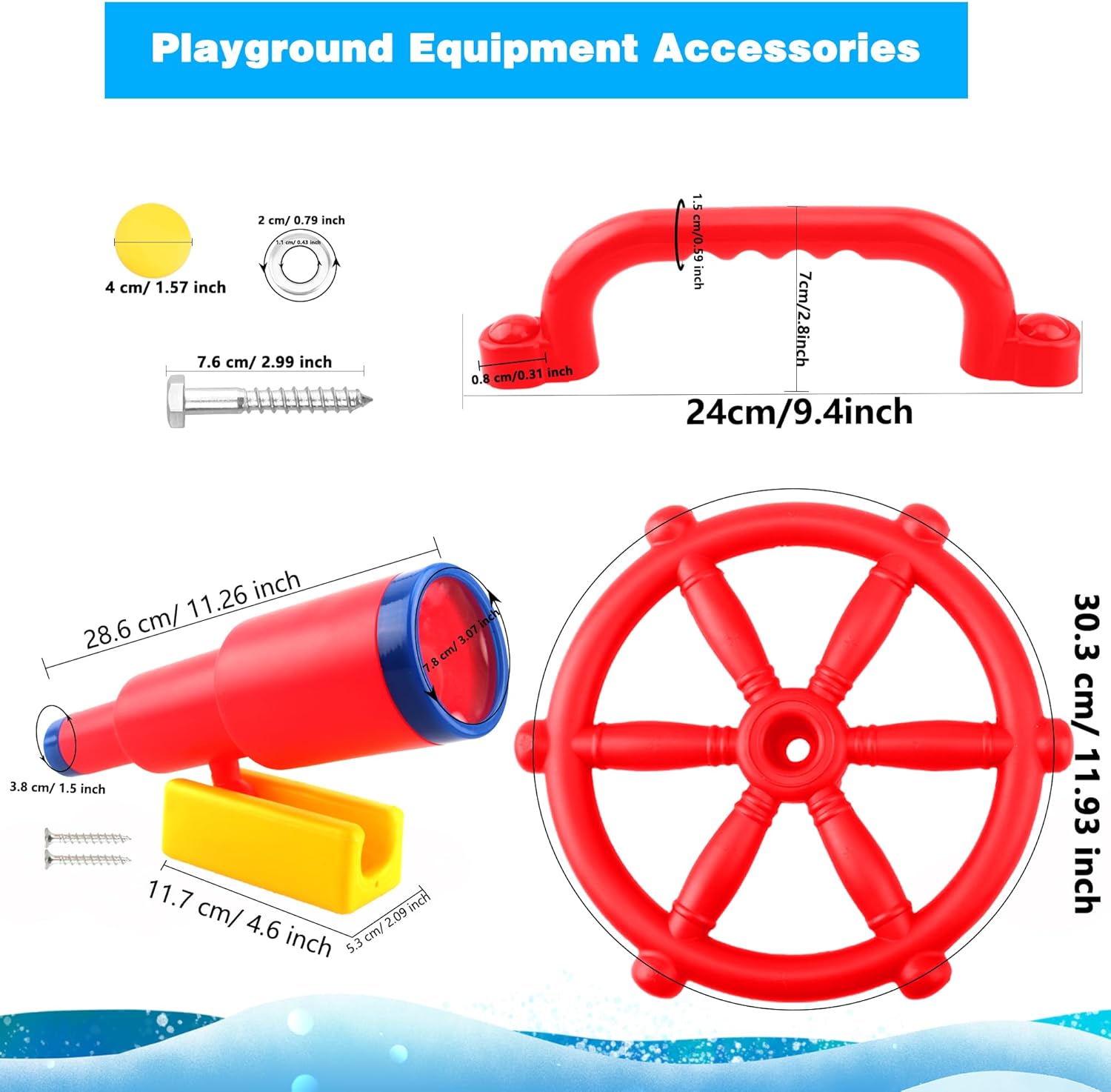 4 Pcs Kids Playground Accessories Outdoor Plastic Steering Playset Wheel Telescope Safety Handles Toy for Garden Backyard Playhouse Treehouse (Red Set 1)
