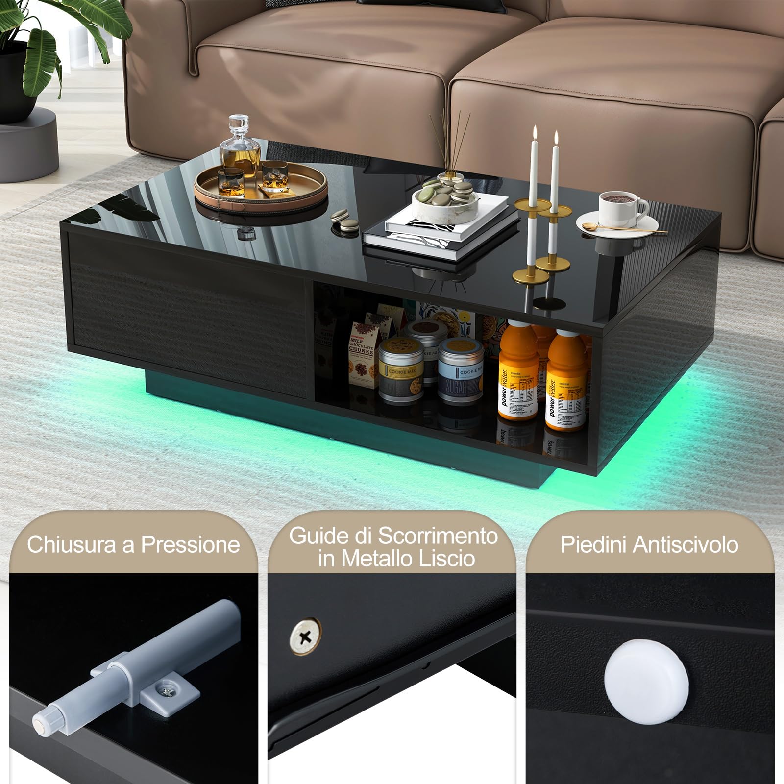 COSTWAY Tavolino da Salotto in Legno, Tavolino Moderno e Rettangolare con 20 Colori di Luci a LED, Telecomando, Cassetto e Ripiano Aperto, Tavolino per Studio e Ufficio (Nero)