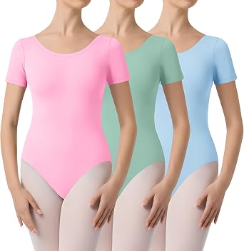 3 Pack Womens Short Sleeve Dance Leotards Ballet Tops