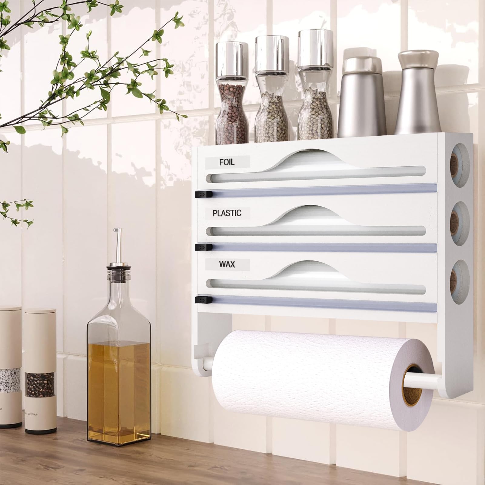 Dispensador Papel Aluminio y Film con Portarrollos Papel Cocina y Estante para Especias, Porta Rollos de Papel Cocina de Bambú, Organizador Papel Aluminio y Film de 30cm de Largo